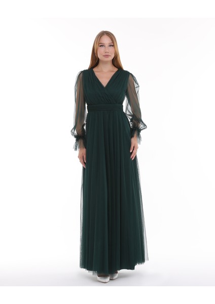 Önü Kruvaze Uzun Kol Esnek Tül Abiye Elbise modelleri