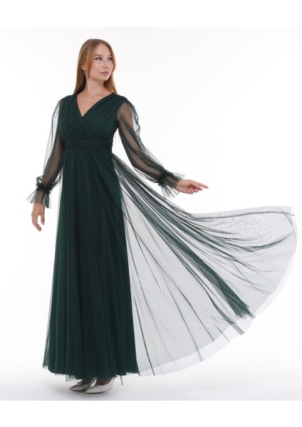 Önü Kruvaze Uzun Kol Esnek Tül Abiye Elbise fırsatları