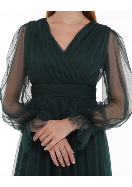 Önü Kruvaze Uzun Kol Esnek Tül Abiye Elbise indirimleri