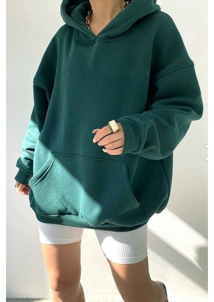 Unisex Koyu Yeşil Oversize İçi Puflu Kapüşonlu Bol Kalıp Sweatshirt Hoodie