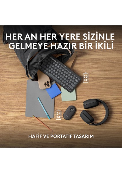 Pebble 2 Set Çoklu Cihaz Özellikli Sessiz Kablosuz Türkçe Q Klavye ve Mouse Seti - Grafit