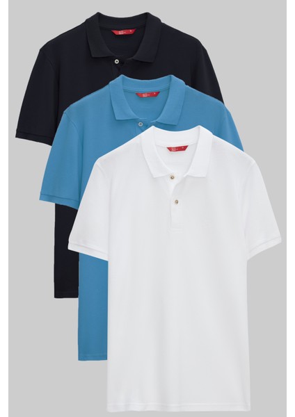 Regular Fit Lacivert/Turkuaz/Beyaz Pike Dokulu %100 Pamuk Polo Yaka T-Shirt 6HC14ORTBN510