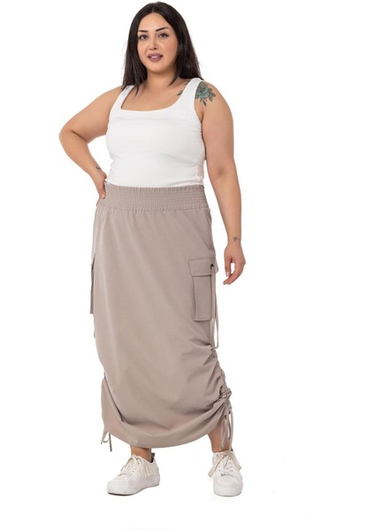 Büyük Beden Yanlardan Büzgü Detaylı Beli Lastikli Paraşüt Uzun Taş Rengi Etek