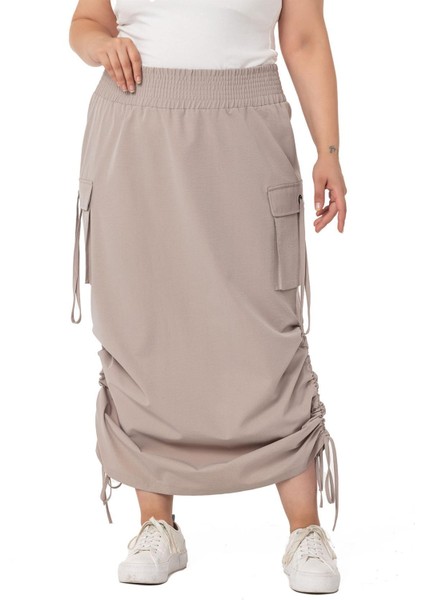 Büyük Beden Yanlardan Büzgü Detaylı Beli Lastikli Paraşüt Uzun Taş Rengi Etek fiyatları