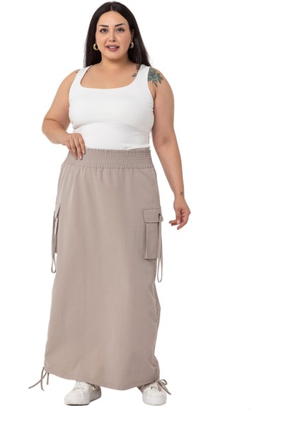 Büyük Beden Yanlardan Büzgü Detaylı Beli Lastikli Paraşüt Uzun Taş Rengi Etek fırsatları