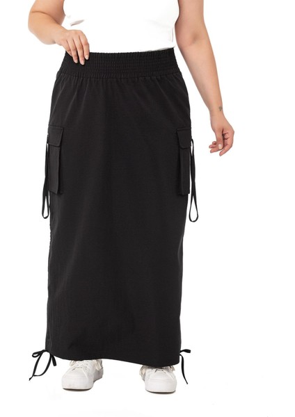 Büyük Beden Yanlardan Büzgü Detaylı Beli Lastikli Paraşüt Uzun Siyah Etek fiyatları