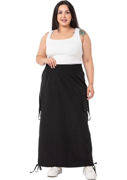 Büyük Beden Yanlardan Büzgü Detaylı Beli Lastikli Paraşüt Uzun Siyah Etek fırsatları