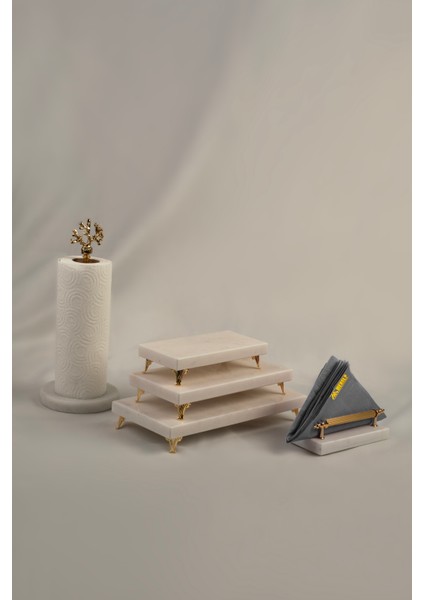 3'lü Altın Mermer Çeyiz Seti Sunumluk & Peçetelik & Rulo Peçetelik Gerçek Mermer Pasta Sunumu,