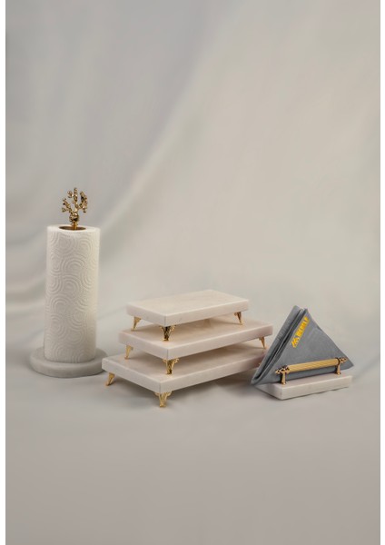 3'lü Altın Mermer Çeyiz Seti Sunumluk & Peçetelik & Rulo Peçetelik Gerçek Mermer Pasta Sunumu, fiyatları