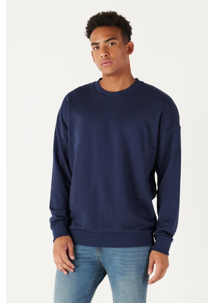 Erkek Lacivert Oversize Bol Kesim 3 Iplik Bisiklet Yaka Pamuklu Sweatshirt