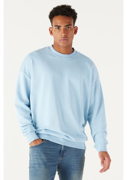 Erkek Açık Mavi Oversize Bol Kesim 3 Iplik Bisiklet Yaka Pamuklu Sweatshirt