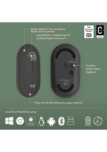 Pebble 2 Set Çoklu Cihaz Özellikli Sessiz Kablosuz Türkçe Q Klavye ve Mouse Seti - Grafit