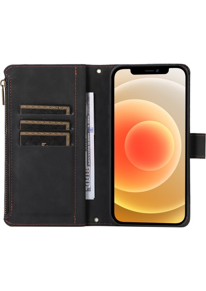 Iphone 12/12 Pro Telefon Kılıfı Zipper Cep Deri Koruyucu Kabuk Cüzdan Stand Telefon Kılıfı 9 Kart Yuvası Black (Yurt Dışından)