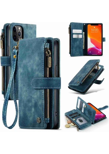 Iphone 12/12 Pro Telefon Kılıfı Şok Geçirmez Fermuarlı Cep Cüzdanı Kap Kapağı Pu Deri Standı Telefon Kasası Birden Fazla Kart Yuvası Mavisi (Yurt Dışından)