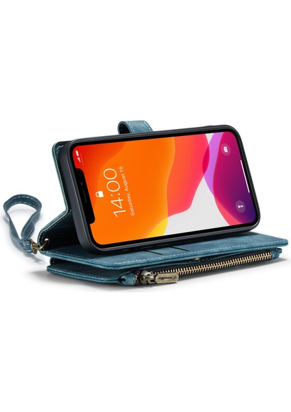 Iphone 12/12 Pro Telefon Kılıfı Şok Geçirmez Fermuarlı Cep Cüzdanı Kap Kapağı Pu Deri Standı Telefon Kasası Birden Fazla Kart Yuvası Mavisi (Yurt Dışından)