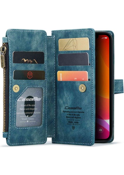 Iphone 12/12 Pro Telefon Kılıfı Şok Geçirmez Fermuarlı Cep Cüzdanı Kap Kapağı Pu Deri Standı Telefon Kasası Birden Fazla Kart Yuvası Mavisi (Yurt Dışından)