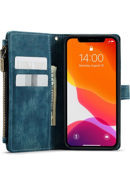 Iphone 12/12 Pro Telefon Kılıfı Şok Geçirmez Fermuarlı Cep Cüzdanı Kap Kapağı Pu Deri Standı Telefon Kasası Birden Fazla Kart Yuvası Mavisi (Yurt Dışından)