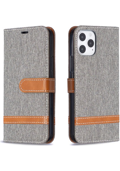 Renk Ekleme Kot Pantolonlu Doku Doku Deri Kabuk iPhone 12 Pro/12 - Gri (Yurt Dışından)