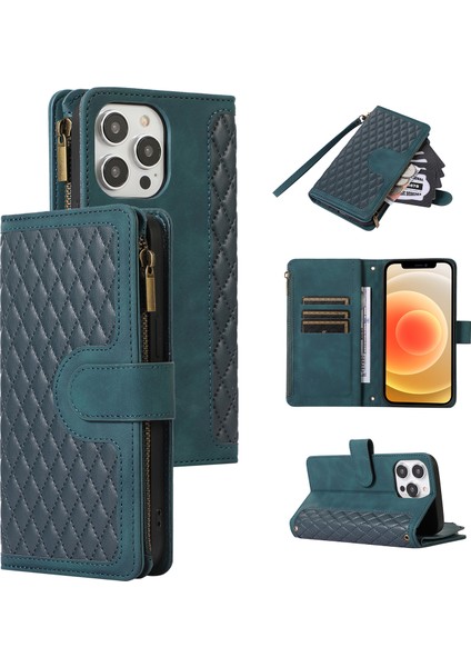 Iphone 12/12 Pro Telefon Kılıfı Zipper Cep Deri Koruyucu Kabuk Cüzdan Stand Telefon Kılıfı 9 Kart Yuvası Yeşili (Yurt Dışından)
