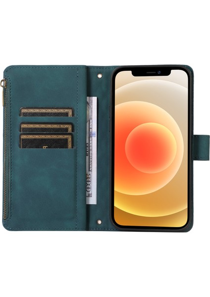 Iphone 12/12 Pro Telefon Kılıfı Zipper Cep Deri Koruyucu Kabuk Cüzdan Stand Telefon Kılıfı 9 Kart Yuvası Yeşili (Yurt Dışından)