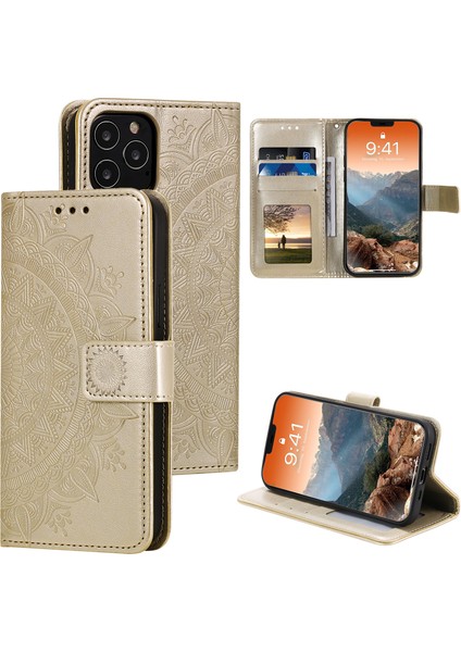 Baskılı Mandala Çiçek Cüzdan Deri Deri Flip Kapak Iphone 12 Pro Maks 6.7 Inç - Altın (Yurt Dışından)