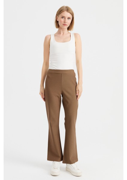 Kadın Beli Lastikli Ispanyol Paça Tayt Pantolon Camel