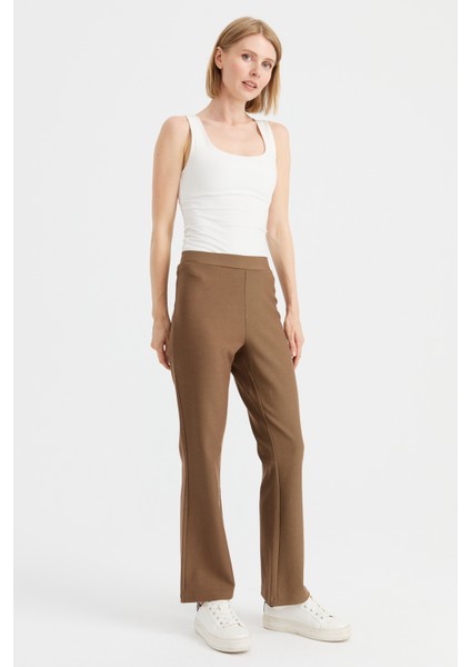 Kadın Beli Lastikli Ispanyol Paça Tayt Pantolon Camel