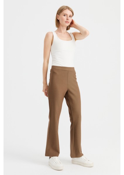 Kadın Beli Lastikli Ispanyol Paça Tayt Pantolon Camel