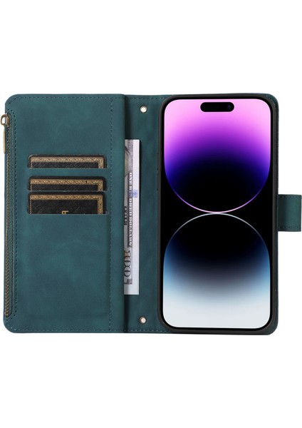 Iphone 12 Pro Maks Deri Cüzdan Kart Tutucu Telefon Kılıfı Rhombus Stand Kapağı Fermuar Cep Yeşili (Yurt Dışından)