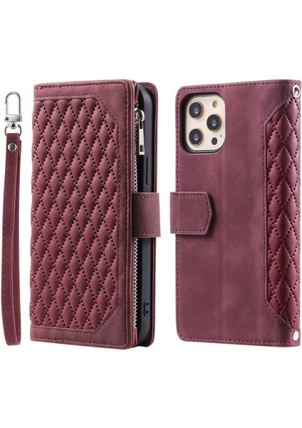 Iphone 12/12 Pro Telefon Kılıfı Rhombus Doku Doku Pu Deri Stand Cüzdan Case-Wine Kırmızı (Yurt Dışından)