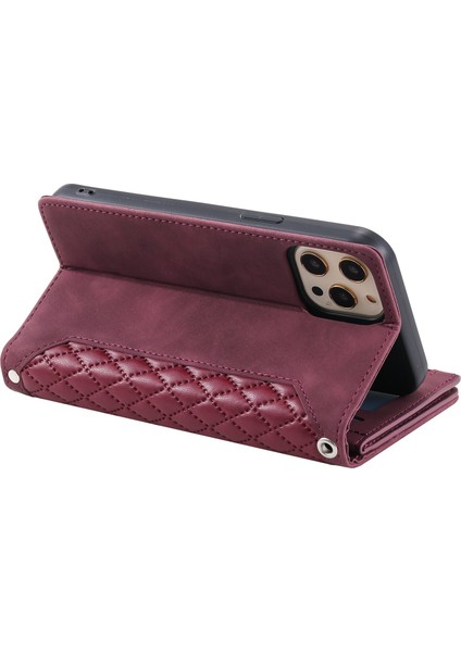 Iphone 12/12 Pro Telefon Kılıfı Rhombus Doku Doku Pu Deri Stand Cüzdan Case-Wine Kırmızı (Yurt Dışından)