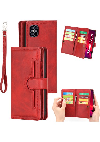 Iphone 12/12 Pro Telefon Kılıfı Anti -Çizgi Anti Şok Geçirmez Çoklu Kart Yuvaları Bölünmüş Deri Telefon Kapağı Telefon Çantası Kılıfı -Red (Yurt Dışından)