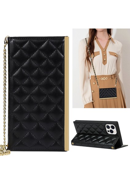 Iphone 12 Pro Max Telefon Kılıfı Için Deri Telefon Kılıfı Izgara Doku Makyaj Aynası ve Omuz Kayışı ile Crossbody Çanta -Black (Yurt Dışından)