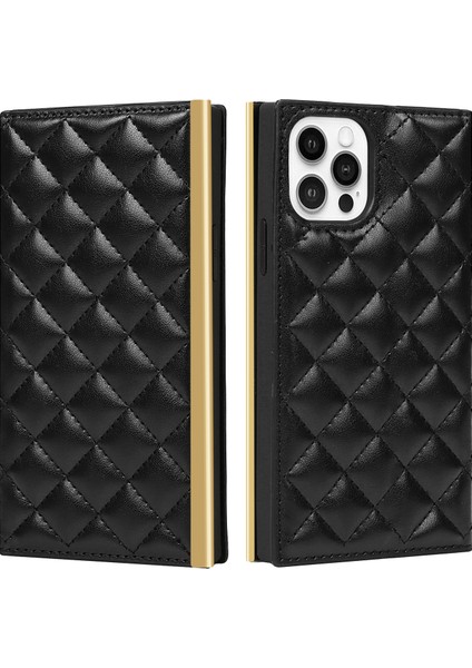 Iphone 12 Pro Max Telefon Kılıfı Için Deri Telefon Kılıfı Izgara Doku Makyaj Aynası ve Omuz Kayışı ile Crossbody Çanta -Black (Yurt Dışından) modelleri