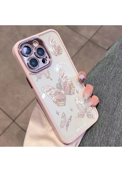 Iphone 12 Pro Max Telefon Kılıfı Platin Kelebek Cam+Tpu Telefon Kılıfı Işıltılı Toz Dekor Kabuğu Telefon Kapak Pembe (Yurt Dışından)