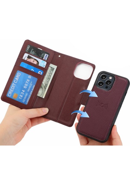 Iphone 12 Pro Max Telefon Kılıfı Için Litchi Doku Doku Cüzdan Pu Deri Deri Stand Kapağı Çıkarılabilir Deri Kaplamalı Tpu Kabuk-Kırmızı (Yurt Dışından)