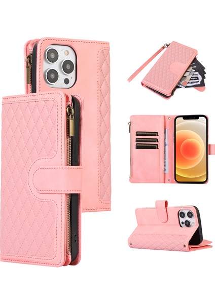 Iphone 12/12 Pro Telefon Kılıfı Zipper Cep Deri Koruyucu Kabuk Cüzdan Stand Telefon Kılıfı 9 Kart Yuvası Golü Altın (Yurt Dışından)