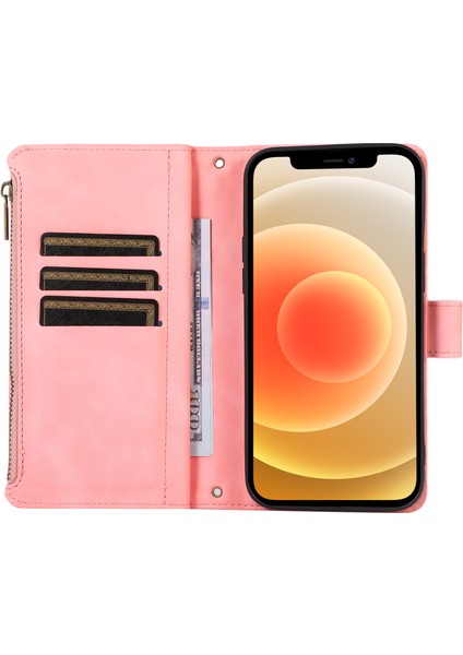 Iphone 12/12 Pro Telefon Kılıfı Zipper Cep Deri Koruyucu Kabuk Cüzdan Stand Telefon Kılıfı 9 Kart Yuvası Golü Altın (Yurt Dışından)