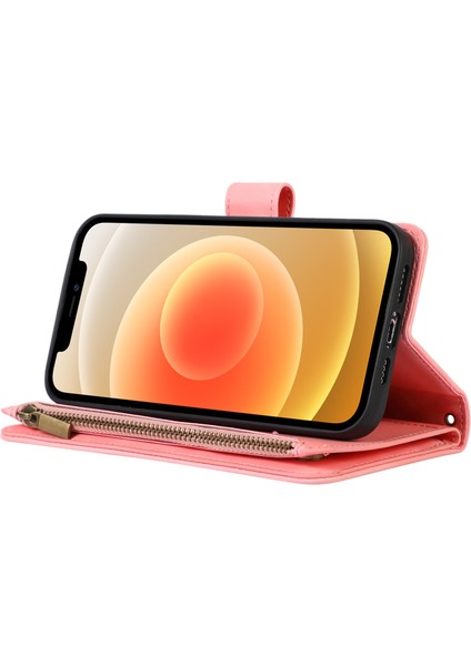Iphone 12/12 Pro Telefon Kılıfı Zipper Cep Deri Koruyucu Kabuk Cüzdan Stand Telefon Kılıfı 9 Kart Yuvası Golü Altın (Yurt Dışından)