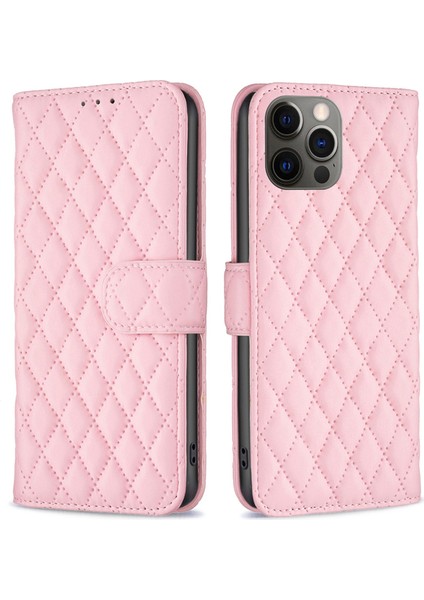 Iphone 12 Pro Telefon Kılıfı Için Baskılı Rhombus Desen Deri Cüzdan Kılıfı Kredi Kartı Sahibi Flip Folio Kitap Manyetik Pu Telefon Kapak Pembe (Yurt Dışından)