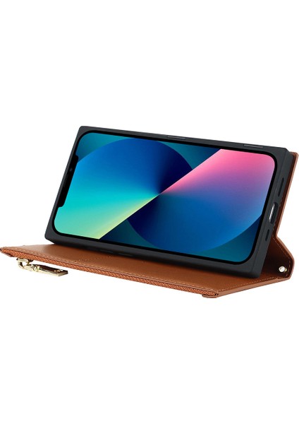 Iphone 12 Pro Max Rhombus Fermuar Cep Telefon Kılıfı Pu Deri Cüzdan Stand Kapağı Omuz Kayışı Kahverengi (Yurt Dışından)