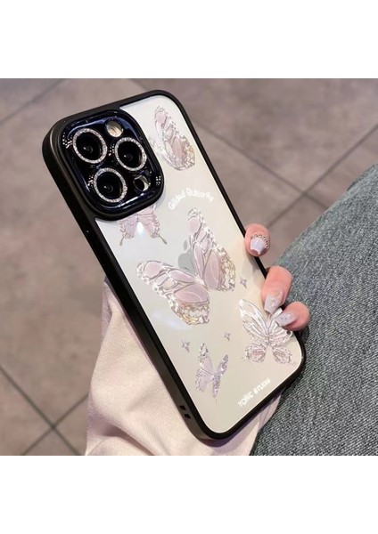 Iphone 12 Pro Max Telefon Kılıfı Platin Kelebek Cam+Tpu Telefon Kılıfı Işıltılı Toz Dekor Kabuğu Telefon Kapak Black (Yurt Dışından)