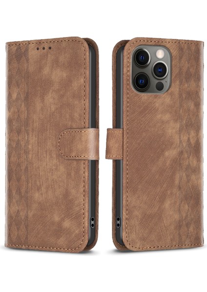 Iphone 12/12 Pro Magnicy Telekle Baskı Izgara Desen Standı Kapak Telefon Cüzdanı Case-Brown (Yurt Dışından)