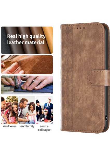 Iphone 12/12 Pro Magnicy Telekle Baskı Izgara Desen Standı Kapak Telefon Cüzdanı Case-Brown (Yurt Dışından)