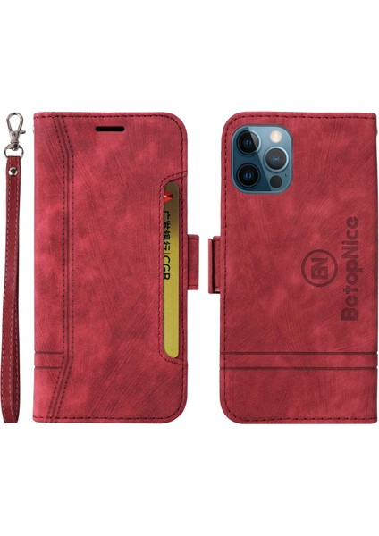 Iphone 12/12 Pro Telefon Kılıfı Için Baskılı Dikiş Hattı Pu Deri+Tpu Kılıf Cüzdan Stand Telefon Kapağı Strap-Red ile (Yurt Dışından)