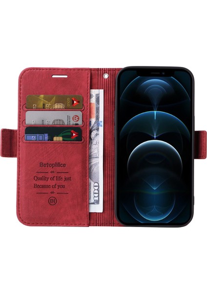 Iphone 12/12 Pro Telefon Kılıfı Için Baskılı Dikiş Hattı Pu Deri+Tpu Kılıf Cüzdan Stand Telefon Kapağı Strap-Red ile (Yurt Dışından)