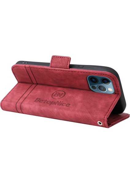 Iphone 12/12 Pro Telefon Kılıfı Için Baskılı Dikiş Hattı Pu Deri+Tpu Kılıf Cüzdan Stand Telefon Kapağı Strap-Red ile (Yurt Dışından)