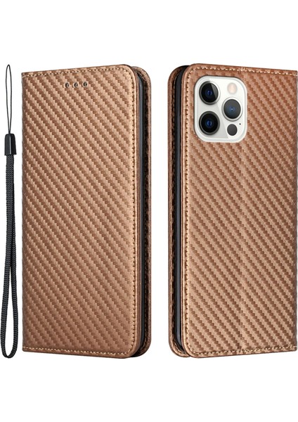 Iphone 12/12 Pro Telefon Kılıfı Karbon Fiber Doku Stand Fonksiyon Otomatik Kapanış Manyetik Deri Kılıf Cüzdan -Brown (Yurt Dışından)