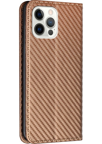 Iphone 12/12 Pro Telefon Kılıfı Karbon Fiber Doku Stand Fonksiyon Otomatik Kapanış Manyetik Deri Kılıf Cüzdan -Brown (Yurt Dışından)