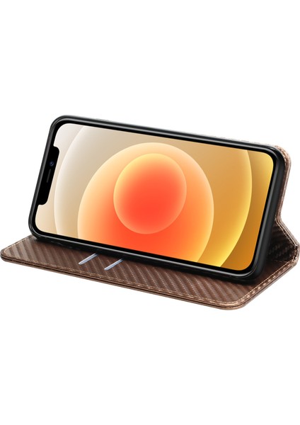 Iphone 12/12 Pro Telefon Kılıfı Karbon Fiber Doku Stand Fonksiyon Otomatik Kapanış Manyetik Deri Kılıf Cüzdan -Brown (Yurt Dışından)